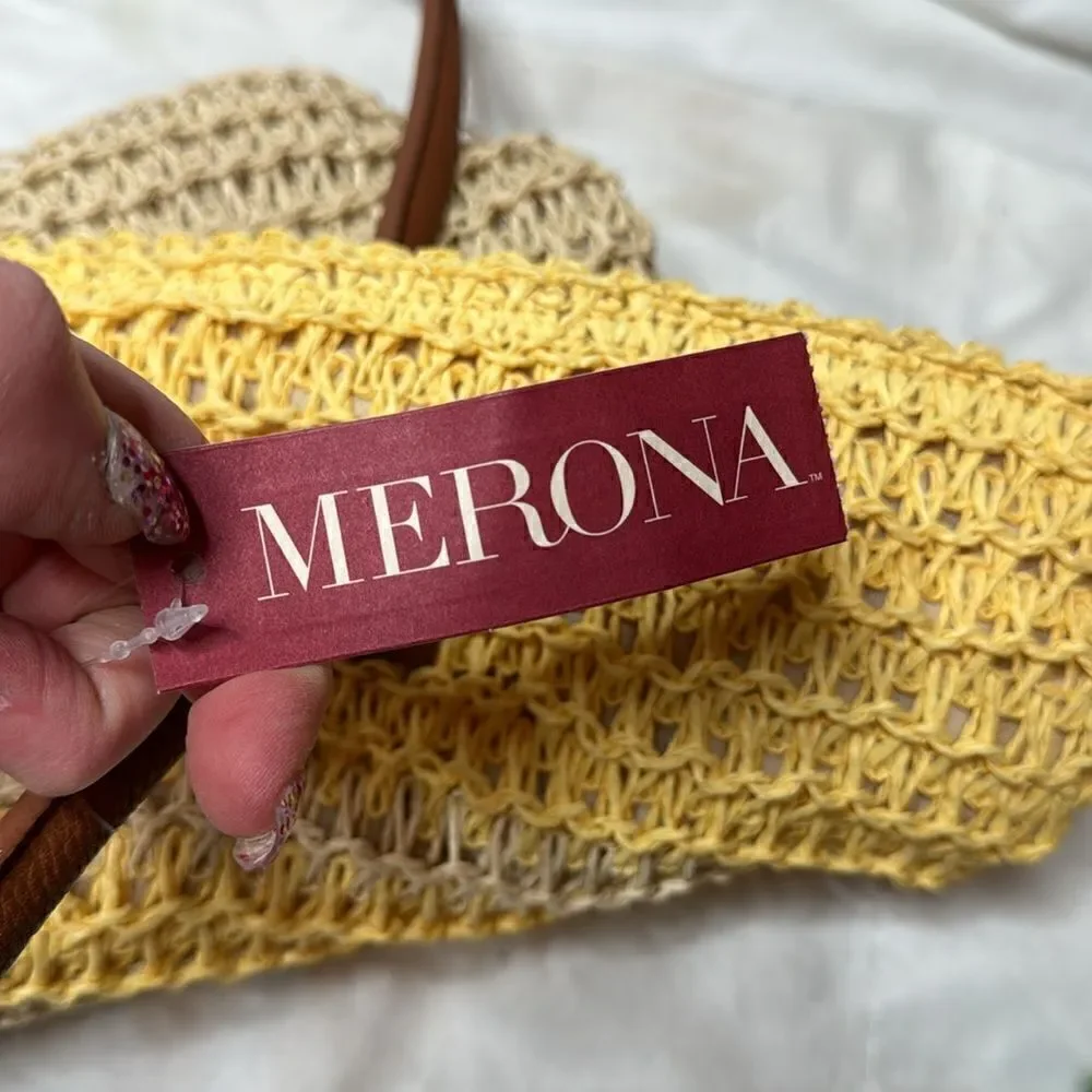 Merona Striped Woven Straw Pom Pom Tote Nag. NWT.
